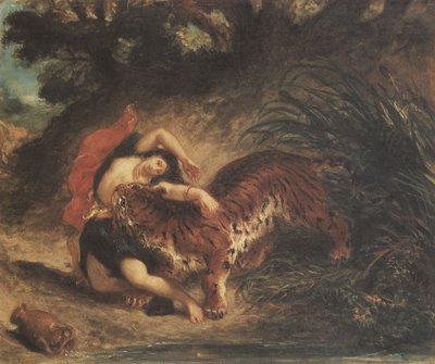 Indiase vrouw verscheurd door een tijger door Ferdinand Victor Eugene Delacroix